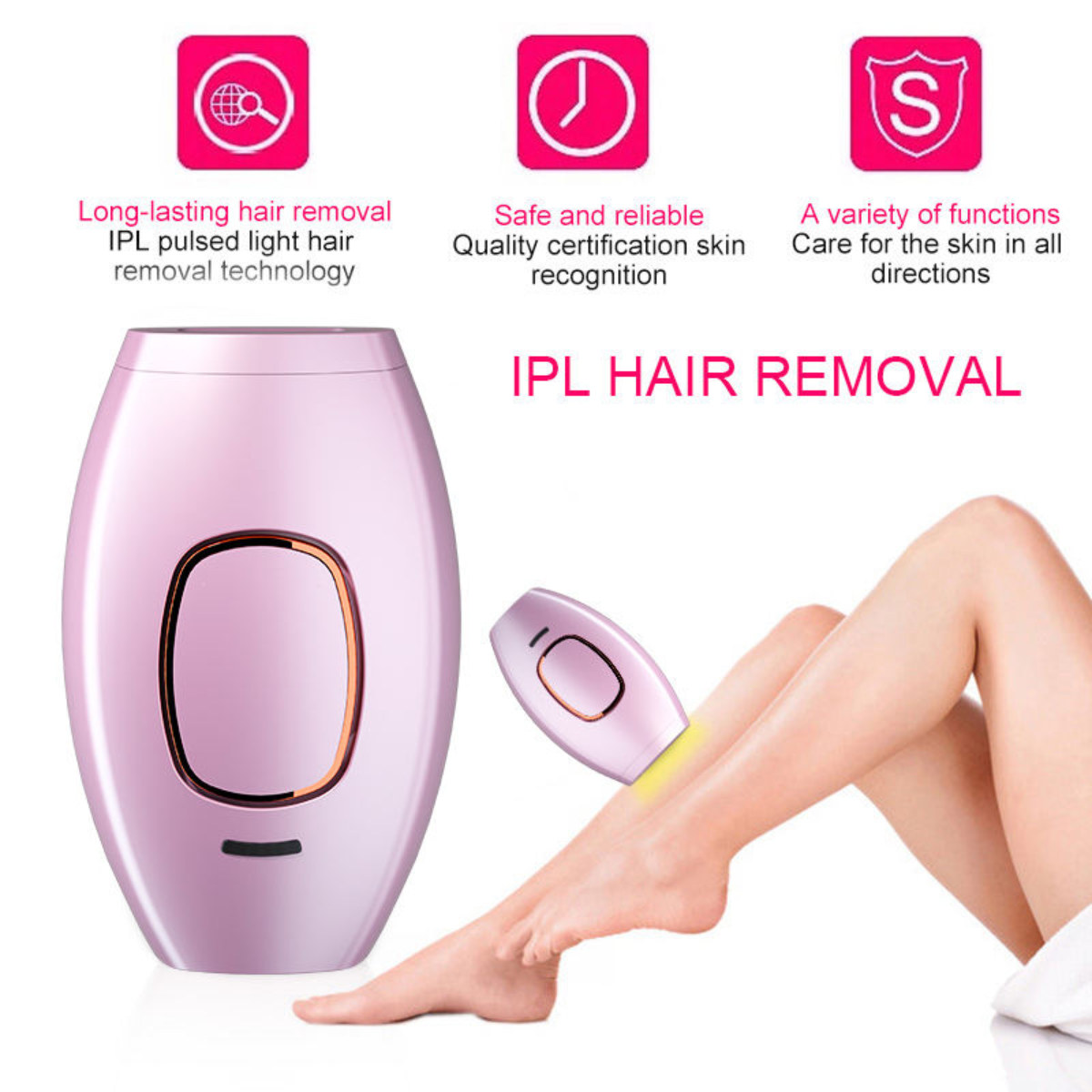 IPL hair removal device with features highlighted on a white background