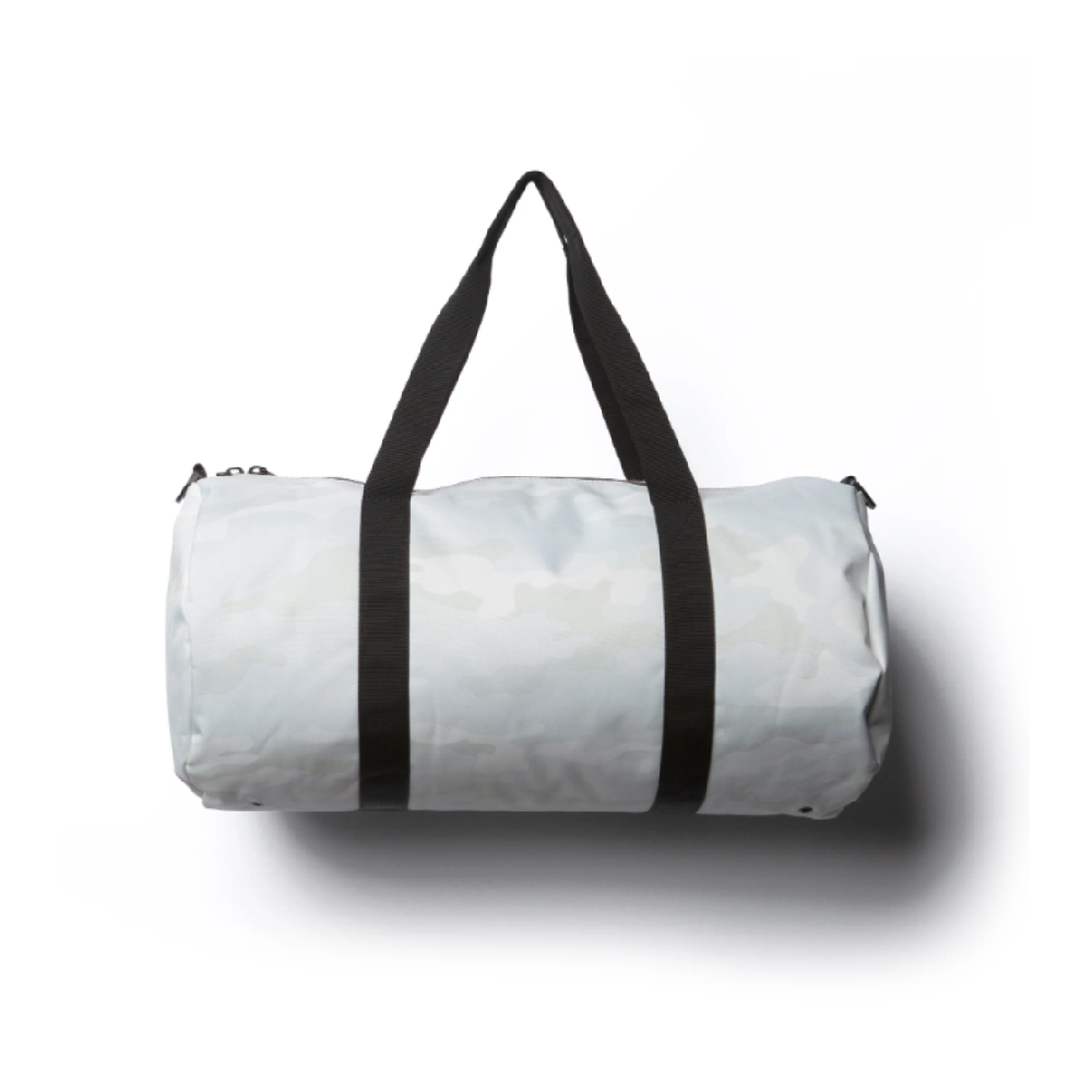 White duffel bag with black straps on a white background